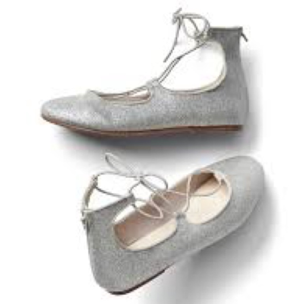 Gap Kids Lace Up Ballet Flats Zip-Up Back Silver Glitter Girls Size 4